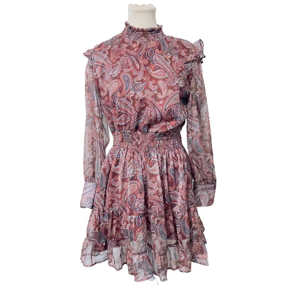 Sunday Up Women Paisley Smocked Waist Ruffle Dress Medium Terracotta Boho Mini